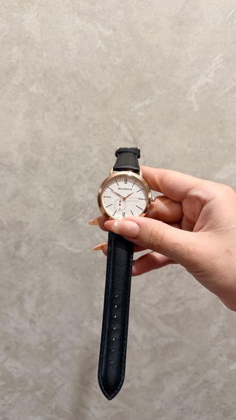 ساعت مچی مردانه Bourguignon رزگلد صفحه سفید با بند چرمی مشکی – طراحی کلاسیک